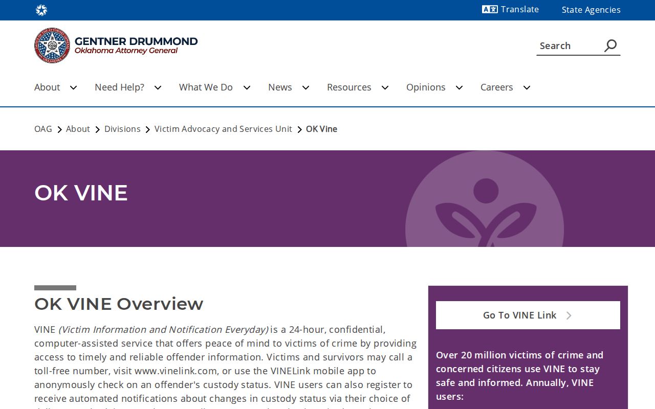 Ellis County VINELink release check and Oklahoma VINE access modes